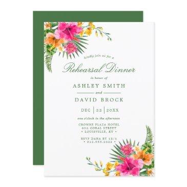 tropical hibiscus floral palms rehearsal dinner invitation