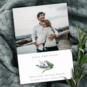 tropical leafy blue floral photo save the date invitation