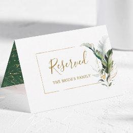 Small Tropical Leaves Gold Wedding Reserved Tent Sign Front View