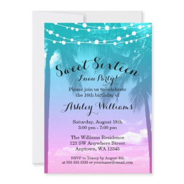 tropical luau teal pink sweet 16 birthday invitation