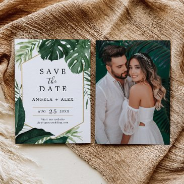 tropical monstera wedding save the date invitation