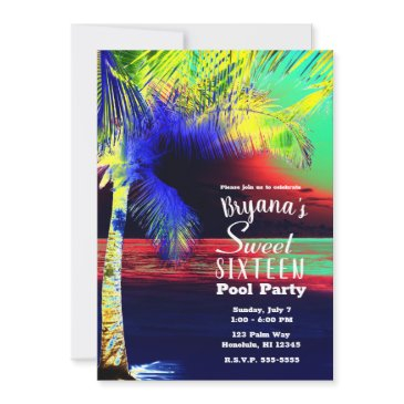 tropical neon color beach palm sweet 16 invitation
