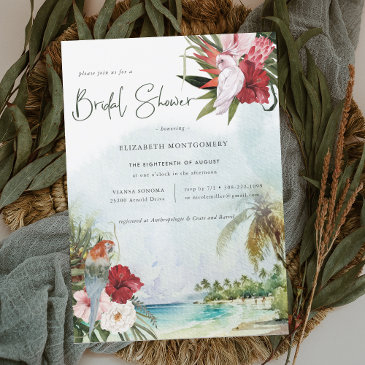 tropical palm tree floral beach bridal shower invitation