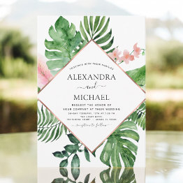 Small Tropical Palm Watercolor Geometric Wedding Invitation Front View