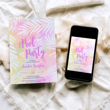 tropical palm watercolor pool party sweet 16 invitation