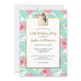 Small Tropical Palms Pink Floral Birthday Party Photo Invitation Front View