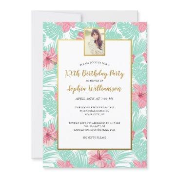tropical palms pink floral birthday party photo invitation