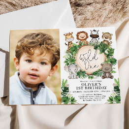 Small Tropical Safari Animals Wild One 1st Birthday Boy Invitation Front View