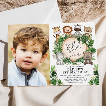 tropical safari animals wild one 1st birthday boy invitation