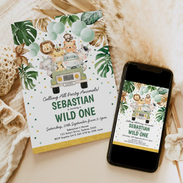 tropical safari wild one jungle animals birthday invitation