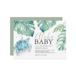 Small Tropical Sea Turtle Monstera Leaves Baby Shower Invitation Front View