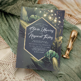 Small Tropical Seaside Night And Gold Palms Wedding Invitation Front View