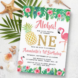 Small Tropical Summer Beach Luau Girls 1st Birthday Invitation Front View