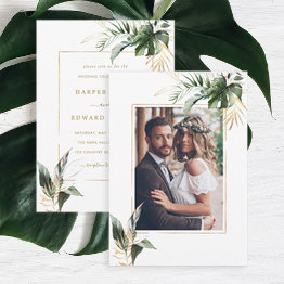 Small Tropical Watercolor Leaves Gold Wedding Photo Invitation Front View