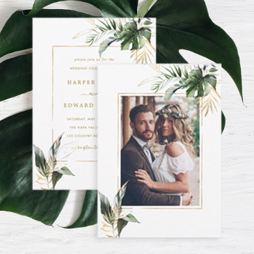 tropical watercolor leaves gold wedding photo invitation