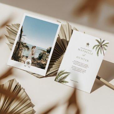 tropical watercolor palm trees boho wedding photo invitation
