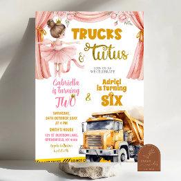 Small Trucks And Tutus Joint Birthday Invitation Front View