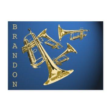 trumpet music gold and blue thank you flat invitations