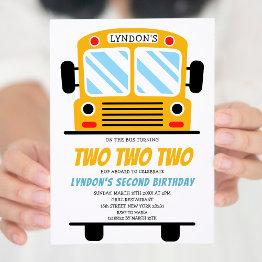 Small Turning Two Two Two School Bus Party 2nd Birthday Invitation Front View
