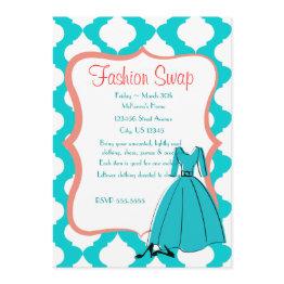 Small Turqoise & Coral Fashion Swap Invitation Front View