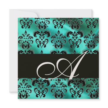 turquase green silk damask cloth monogram ,gold invitation