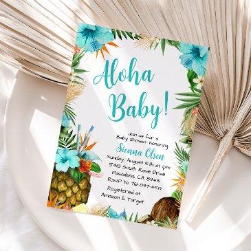 turquoise aloha baby shower, hawaiian luau invitation