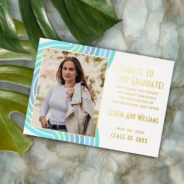 turquoise blue gold foil graduation announcement