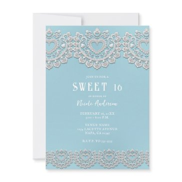 turquoise blue white lace heart sweet 16 invitation