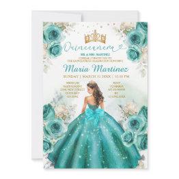 Small Turquoise Floral Princess Gold Crown Quiñceanera Invitation Front View