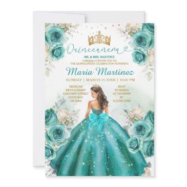 turquoise floral princess gold crown quiñceanera invitation
