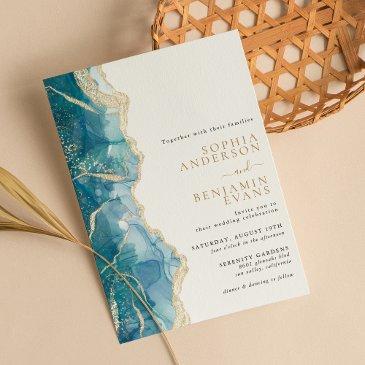 turquoise gold agate modern wedding invitation