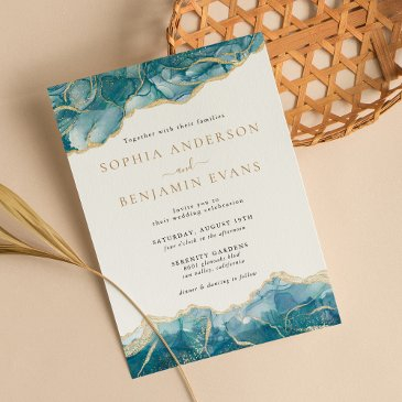 turquoise gold agate modern wedding invitation