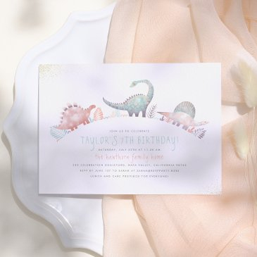 turquoise & gold cute girl dinosaur birthday party invitation