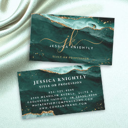 Small Turquoise Teal Agate Gold Glitter Script Monogram Business Invitations Front View