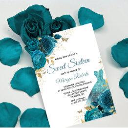 Small Turquoise Teal Sparkle Dress Sweet 16 Party Invitation Front View