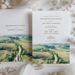 Small Tuscan Dreamscape Wedding Watercolor Scenery Invitation Front View