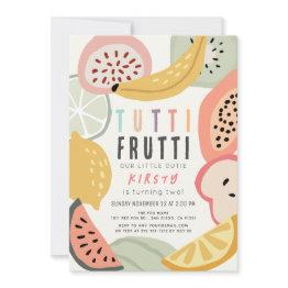 Small Tutti Frutti Colorful Fruit 2nd Birthday Invitation Front View