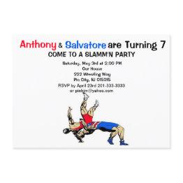 Small Twin Boys Wrestling Birthday Invitation Front View