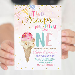 Small Twin Girls Cone Ice Cream Birthday Invitation Front View