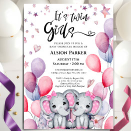 Small Twin Girls Elephant Pink Balloons Cute Baby Shower Invitation Front View