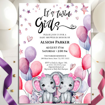 twin girls elephant pink balloons cute baby shower invitation
