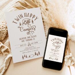 Small Twin Happy Campers Boy Forest 1st Birthday Invitation Front View