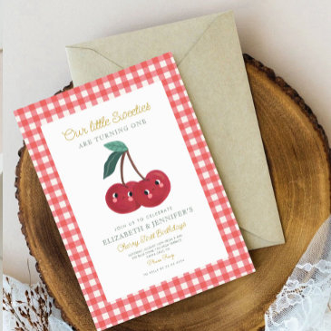twin little sweeties cherry first birthday invitation