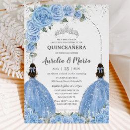 Small Twins Bahama Blue Floral Dress Silver Quinceañera Invitation Front View