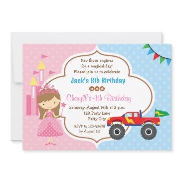 twins birthday invitations princess monster truck