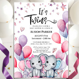 Small Twins Boy Girl Elephant Balloon Cute Baby Shower Invitation Front View