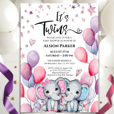 twins boy girl elephant balloon cute baby shower invitation
