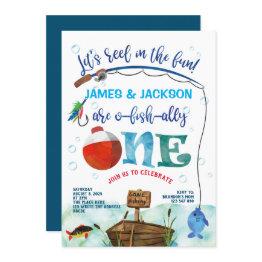 Small Twins O-fish-ally Little Fisherman 1st Birthday Invitation Front View