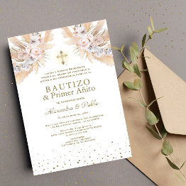 Small Twins Pampas Grass Floral Primer Añito Bautizo Invitation Front View