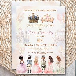 Small Twins Prince Princess Crown Royal Birthday Invitation Front View